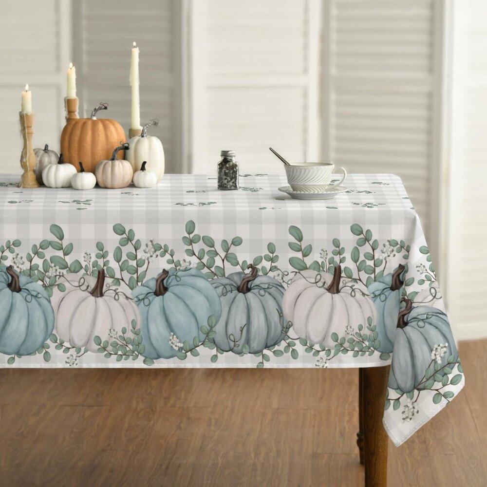 Fall Tablecloth 60x84 Inch Rectangular, Thanksgiving Autumn Harvest Blue Pumpkin
